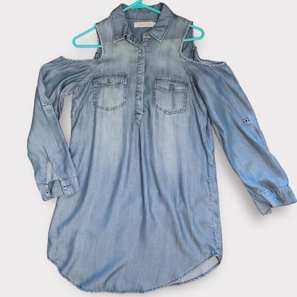 New Billy T Chambray Blue Denim Jean‎ Shirt Dress Cold Shoulder Lightweight - Picture 2 of 9